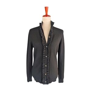 McDuff 100% Cashmere Black Ruffle Front Button Down Cardigan Size Small‎